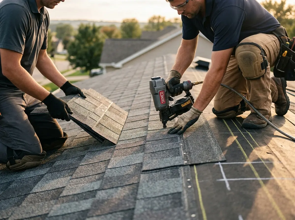 Professional roofer working on a residential roof in Wonder Lake